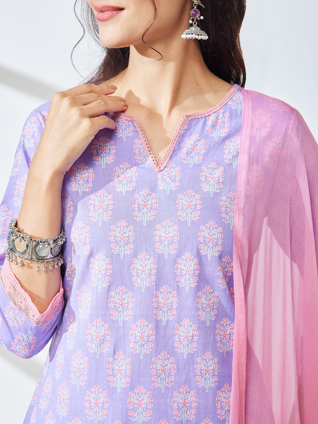 Janasya Lavender Straight Cotton Kurta,Bottom & Dupatta | Grocsy