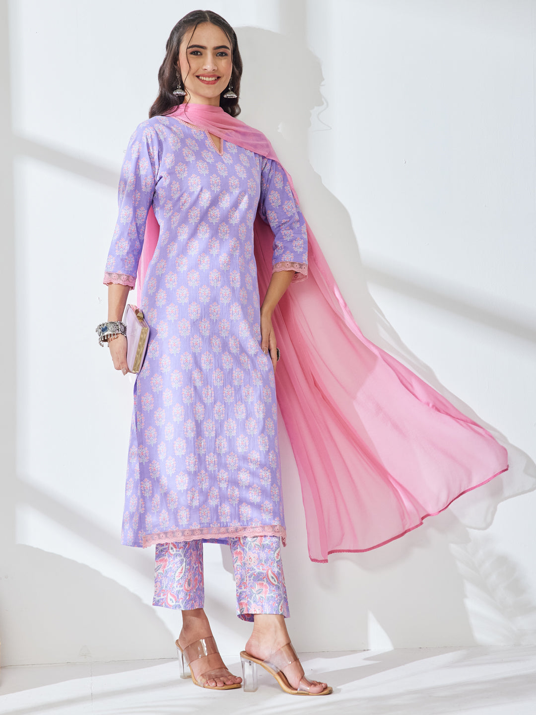 Janasya Lavender Straight Cotton Kurta,Bottom & Dupatta | Grocsy