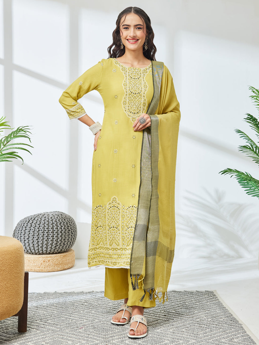 Janasya Olive Straight Rayon Kurta,Bottom & Dupatta | Grocsy