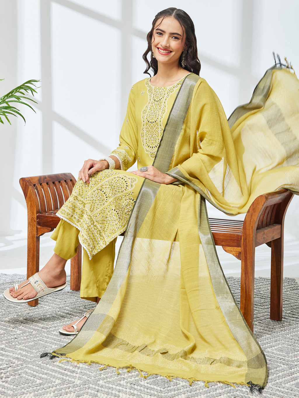 Janasya Olive Straight Rayon Kurta,Bottom & Dupatta | Grocsy