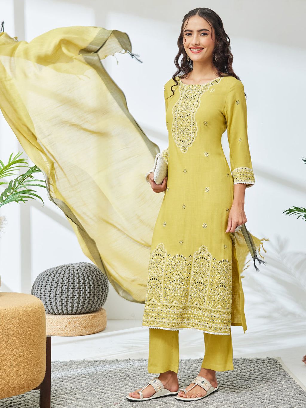 Janasya Olive Straight Rayon Kurta,Bottom & Dupatta | Grocsy