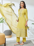 Janasya Olive Straight Rayon Kurta,Bottom & Dupatta | Grocsy