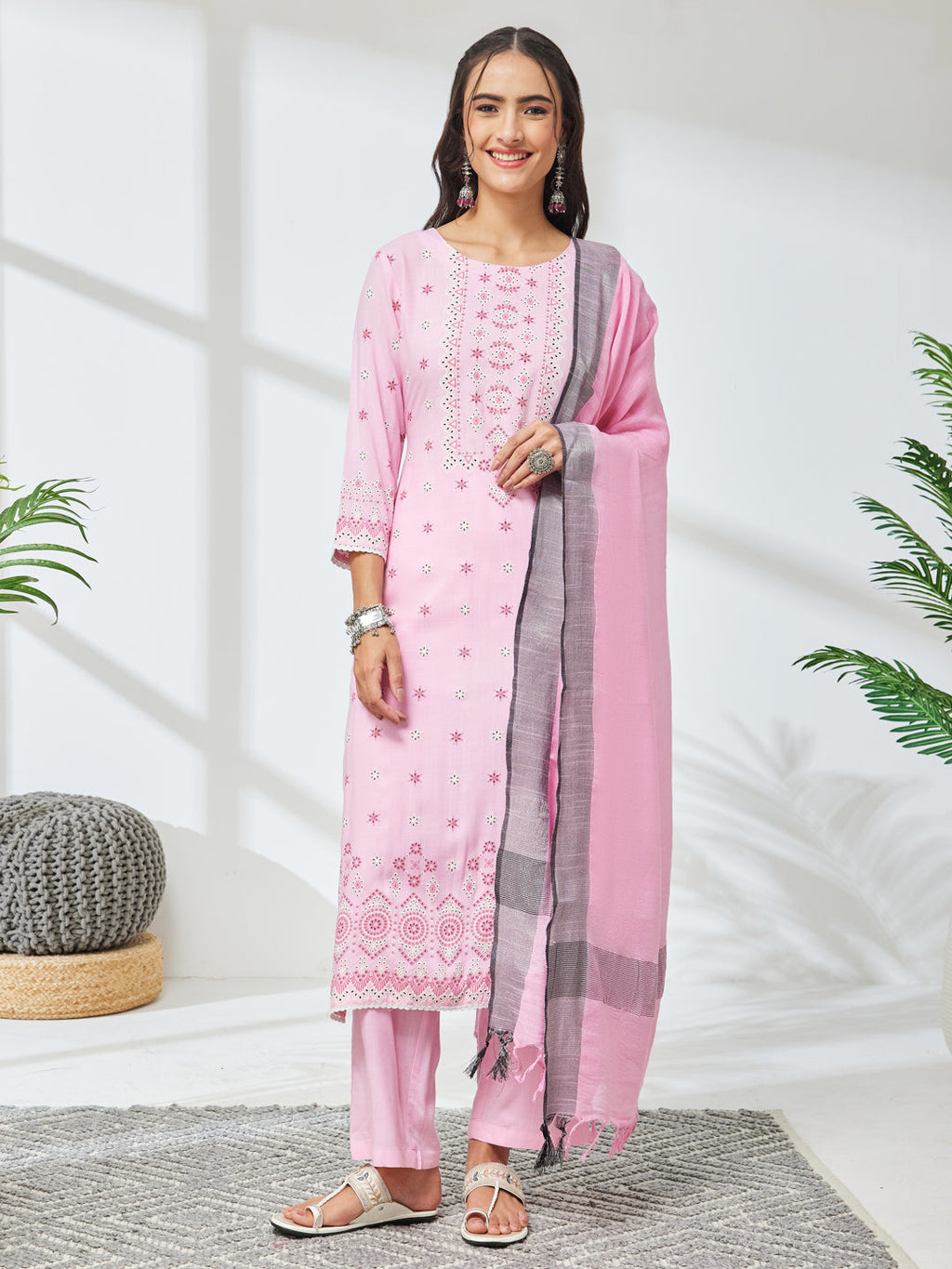 Janasya Pink Straight Rayon Kurta,Bottom & Dupatta | Grocsy