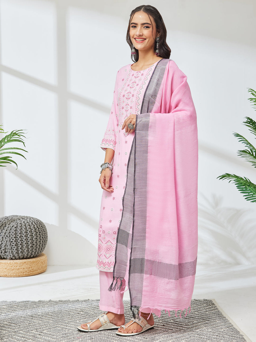 Janasya Pink Straight Rayon Kurta,Bottom & Dupatta | Grocsy