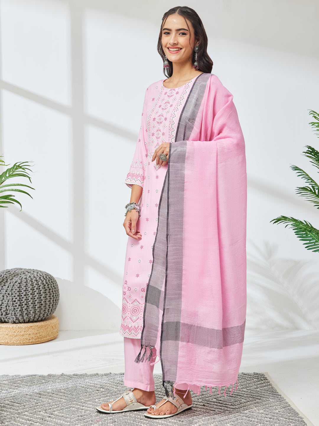 Janasya Pink Straight Rayon Kurta,Bottom & Dupatta | Grocsy