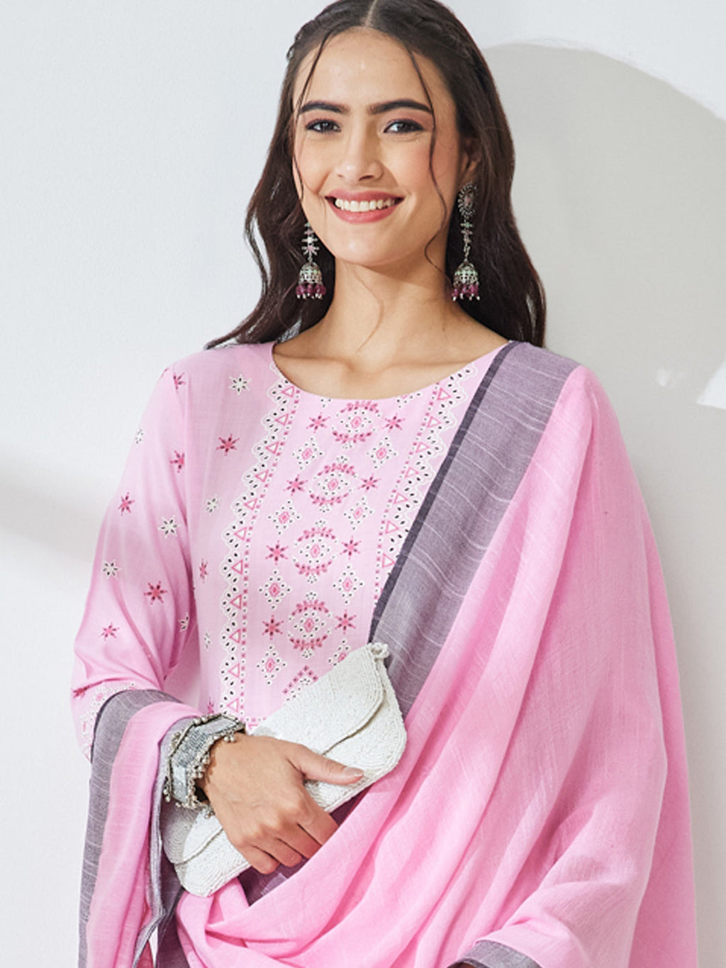 Janasya Pink Straight Rayon Kurta,Bottom & Dupatta | Grocsy