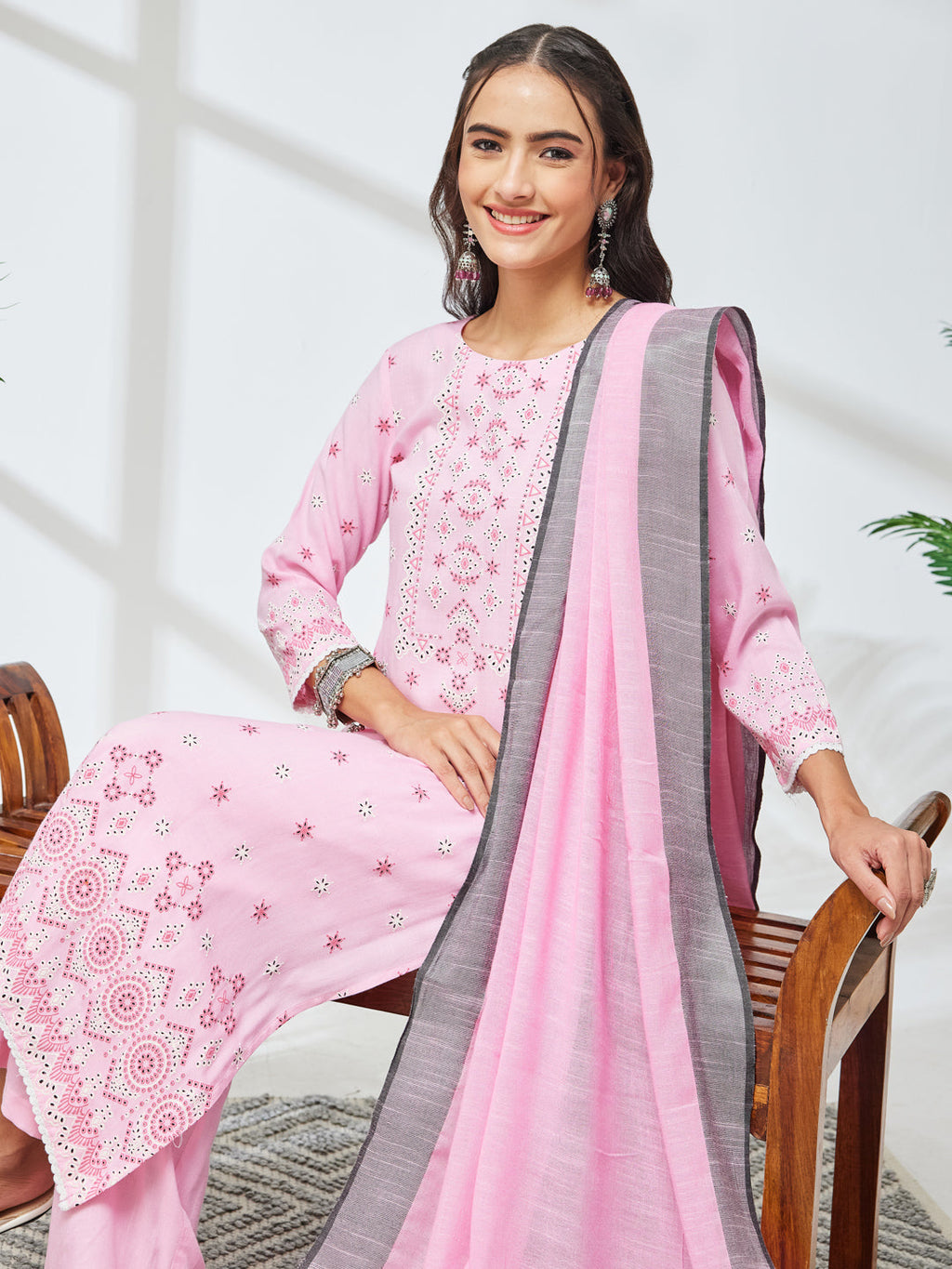 Janasya Pink Straight Rayon Kurta,Bottom & Dupatta | Grocsy