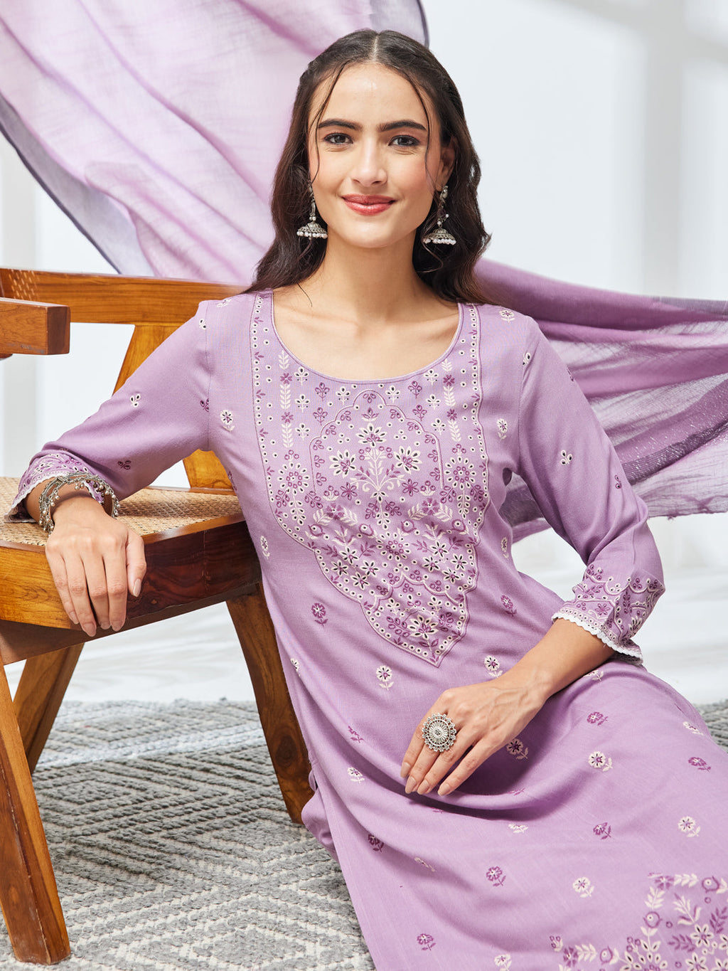 Janasya Lavender Straight Rayon Kurta,Bottom & Dupatta | Grocsy