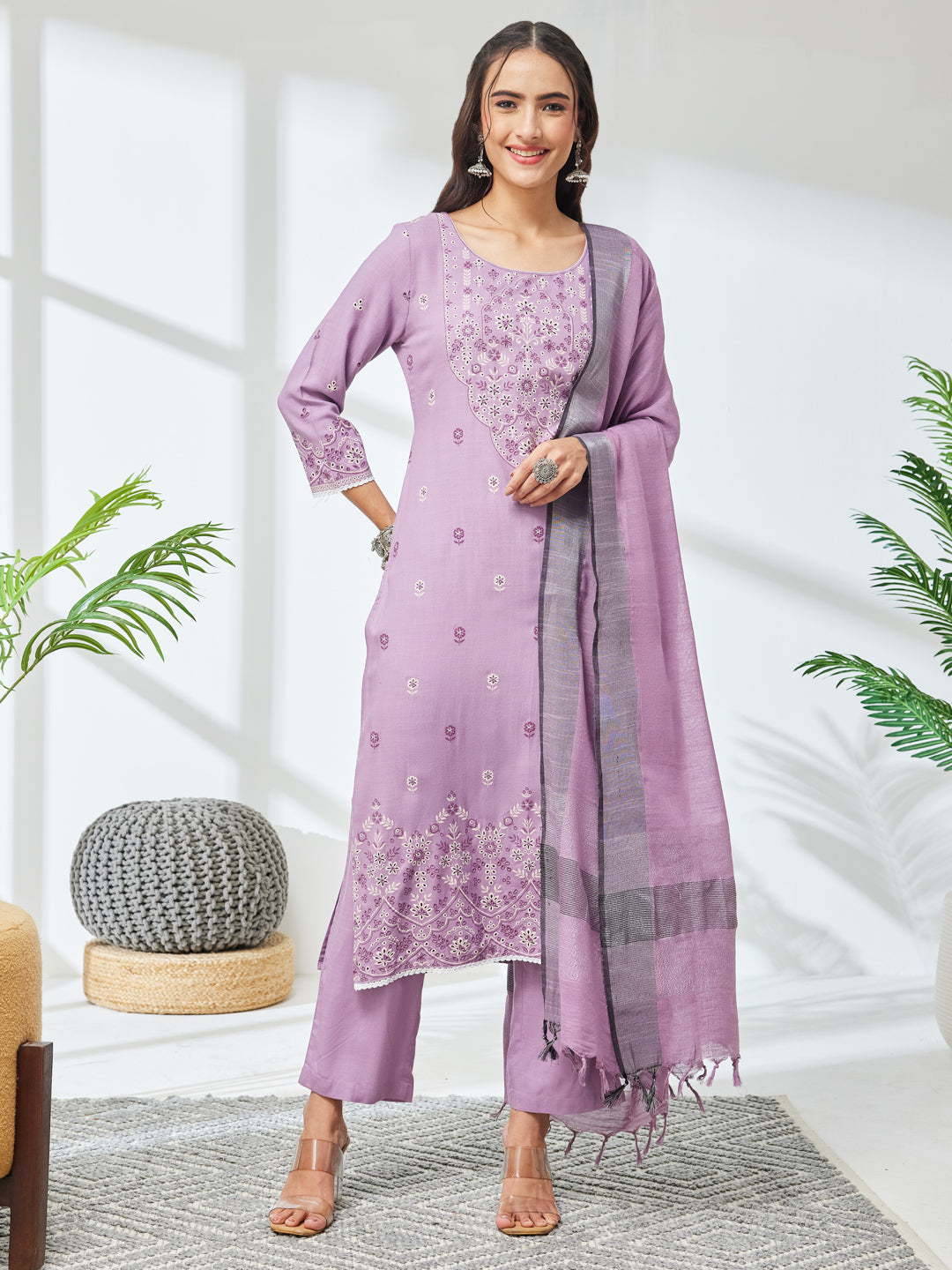 Janasya Lavender Straight Rayon Kurta,Bottom & Dupatta | Grocsy