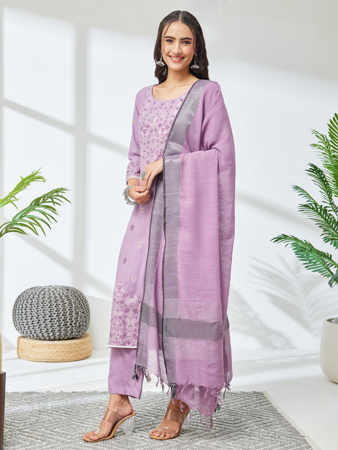 Janasya Lavender Straight Rayon Kurta,Bottom & Dupatta | Grocsy