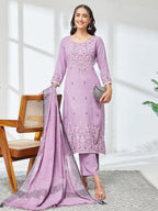 Janasya Lavender Straight Rayon Kurta,Bottom & Dupatta | Grocsy