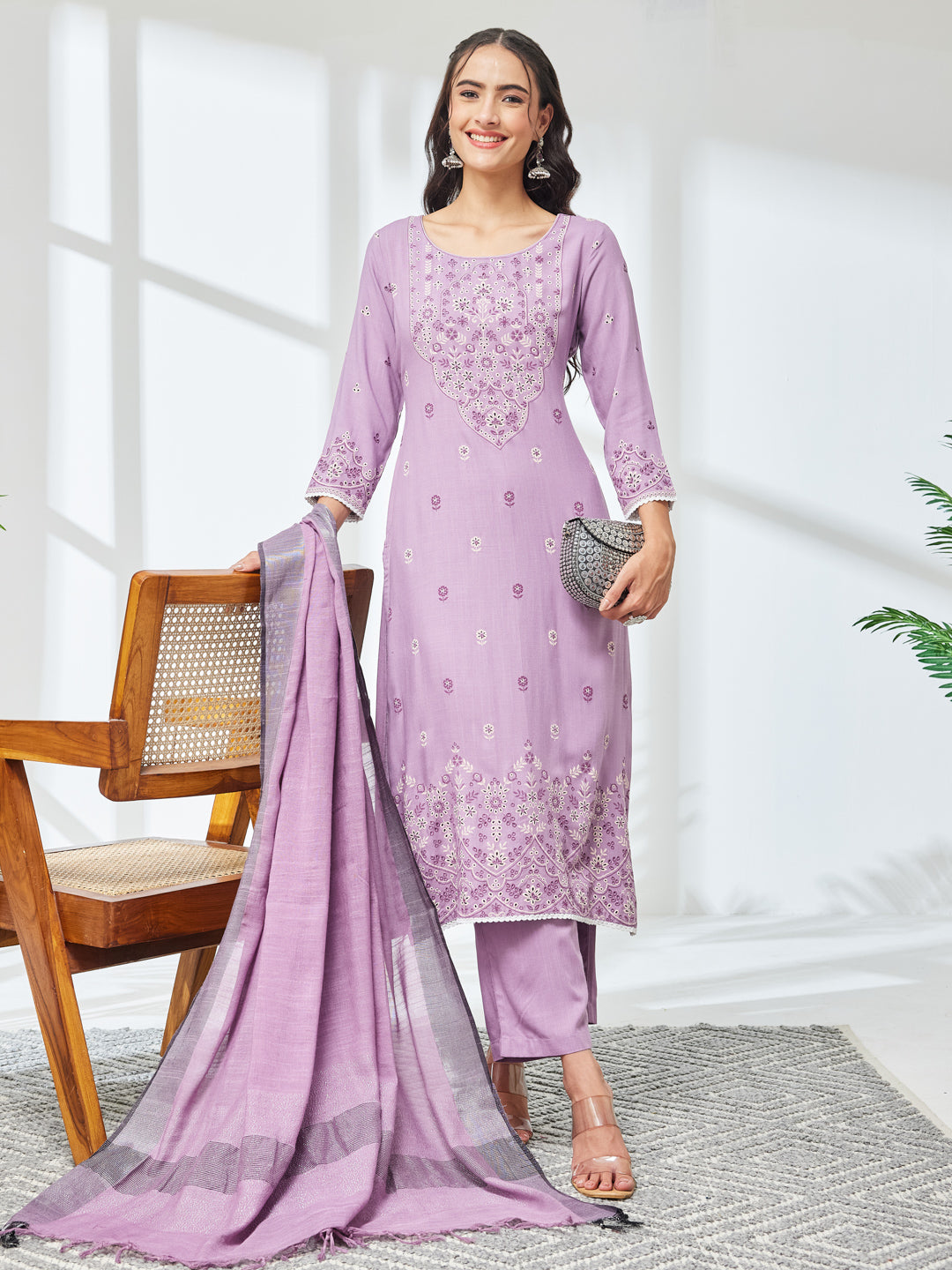 Janasya Lavender Straight Rayon Kurta,Bottom & Dupatta | Grocsy