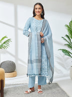 Janasya Sky Blue Straight Rayon Kurta,Bottom & Dupatta | Grocsy