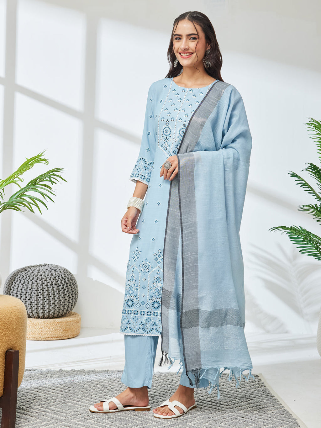Janasya Sky Blue Straight Rayon Kurta,Bottom & Dupatta | Grocsy