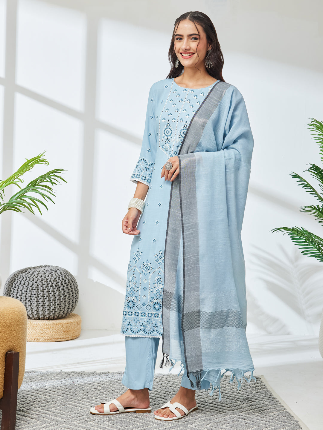 Janasya Sky Blue Straight Rayon Kurta,Bottom & Dupatta | Grocsy