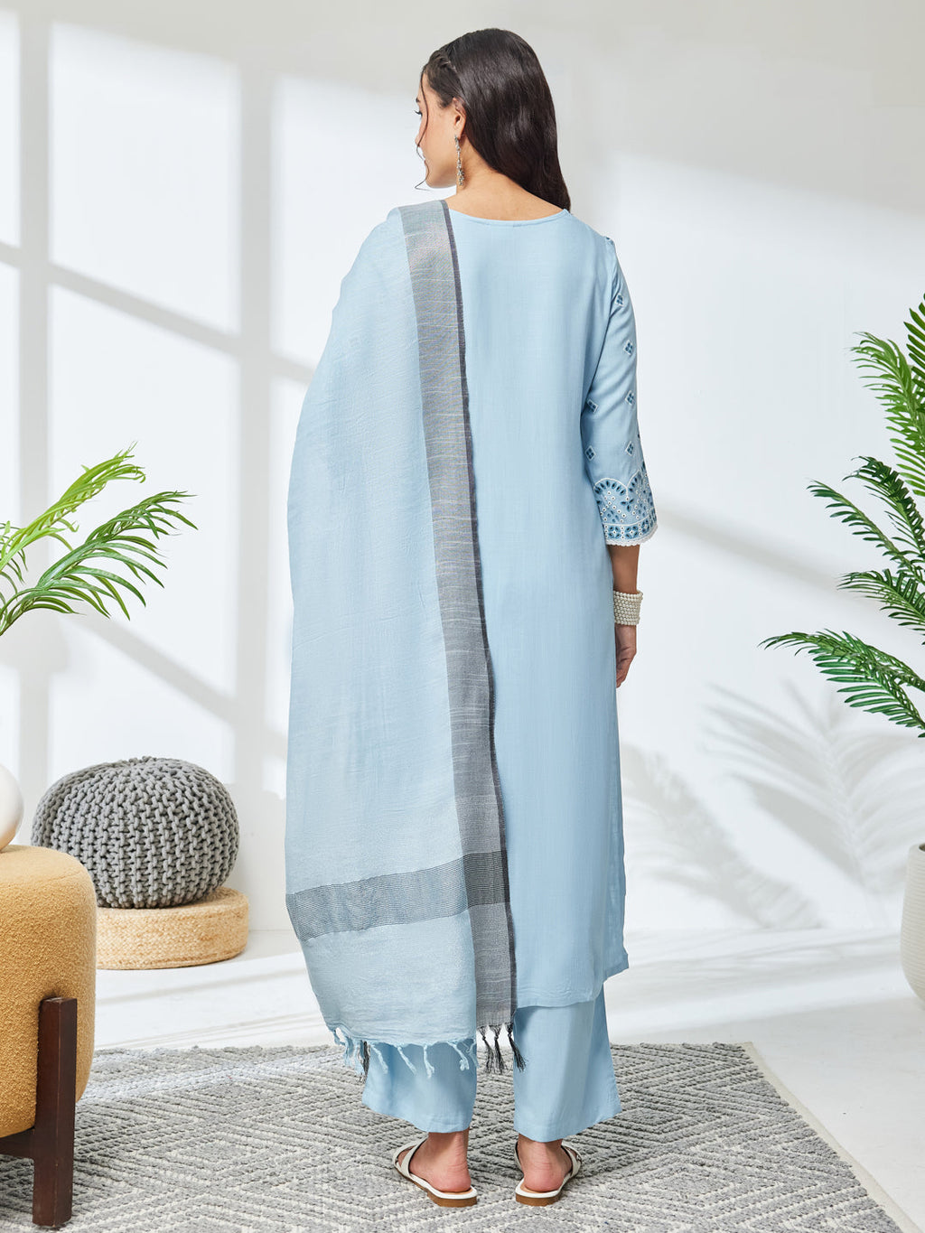 Janasya Sky Blue Straight Rayon Kurta,Bottom & Dupatta | Grocsy