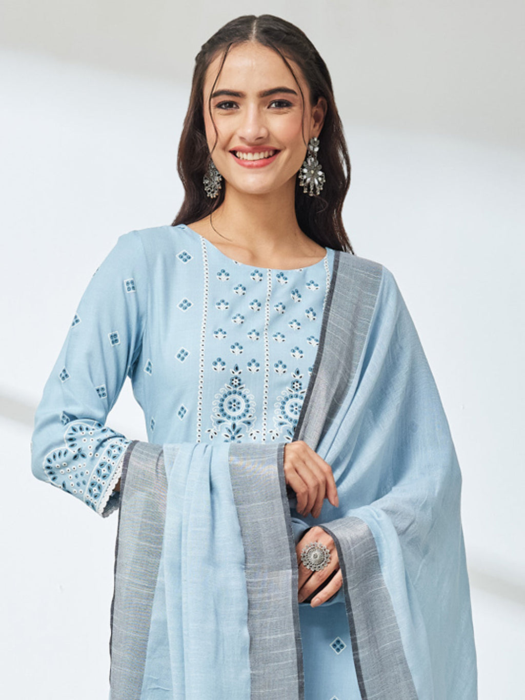 Janasya Sky Blue Straight Rayon Kurta,Bottom & Dupatta | Grocsy
