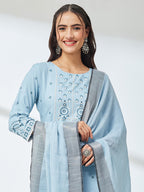 Janasya Sky Blue Straight Rayon Kurta,Bottom & Dupatta | Grocsy