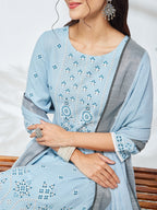 Janasya Sky Blue Straight Rayon Kurta,Bottom & Dupatta | Grocsy