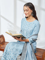 Janasya Sky Blue Straight Rayon Kurta,Bottom & Dupatta | Grocsy