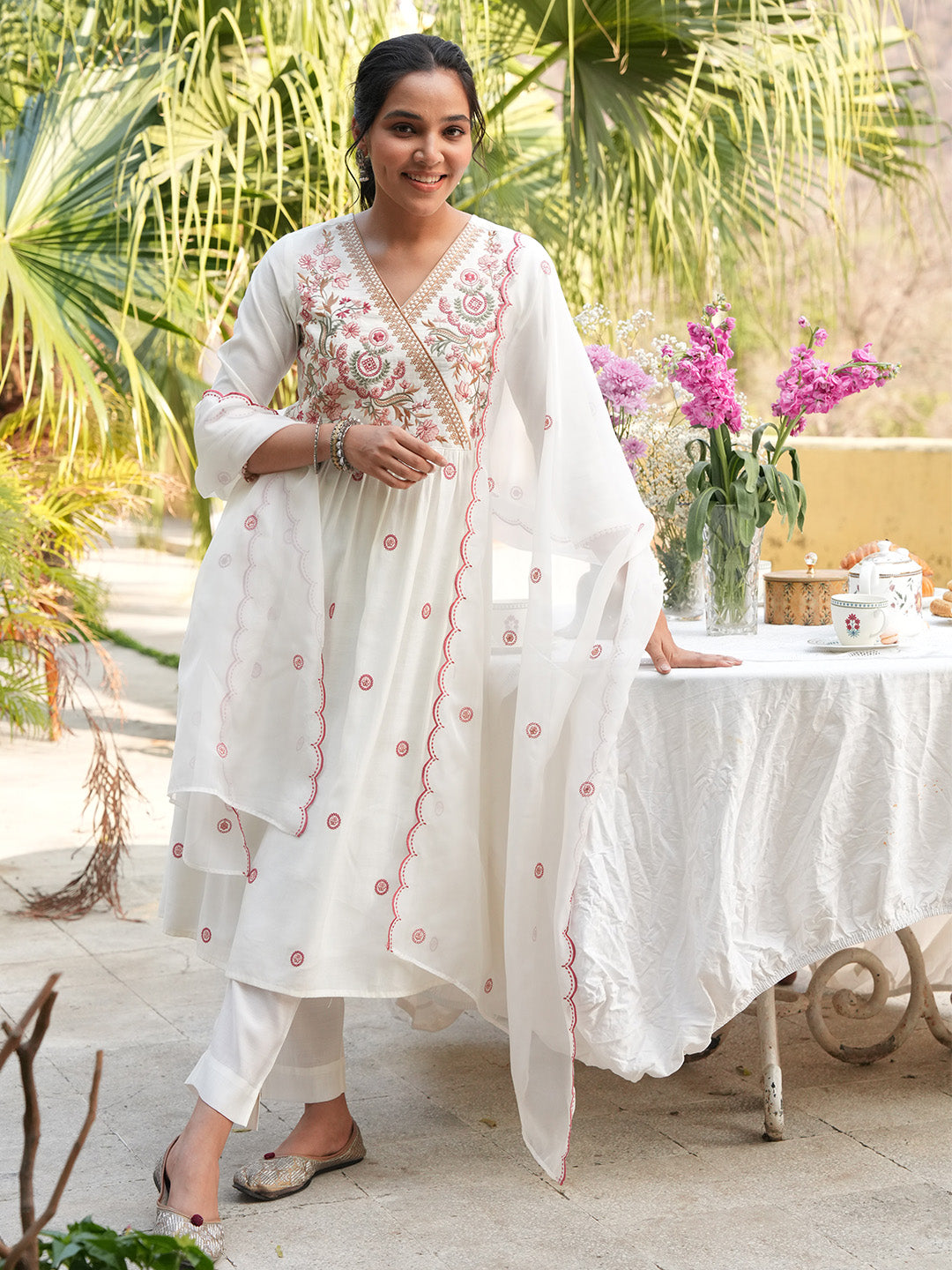 Janasya Off White A-Line Chanderi Kurta,Bottom & Dupatta | Grocsy