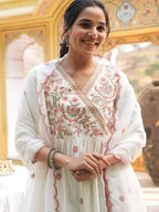 Janasya Off White A-Line Chanderi Kurta,Bottom & Dupatta | Grocsy