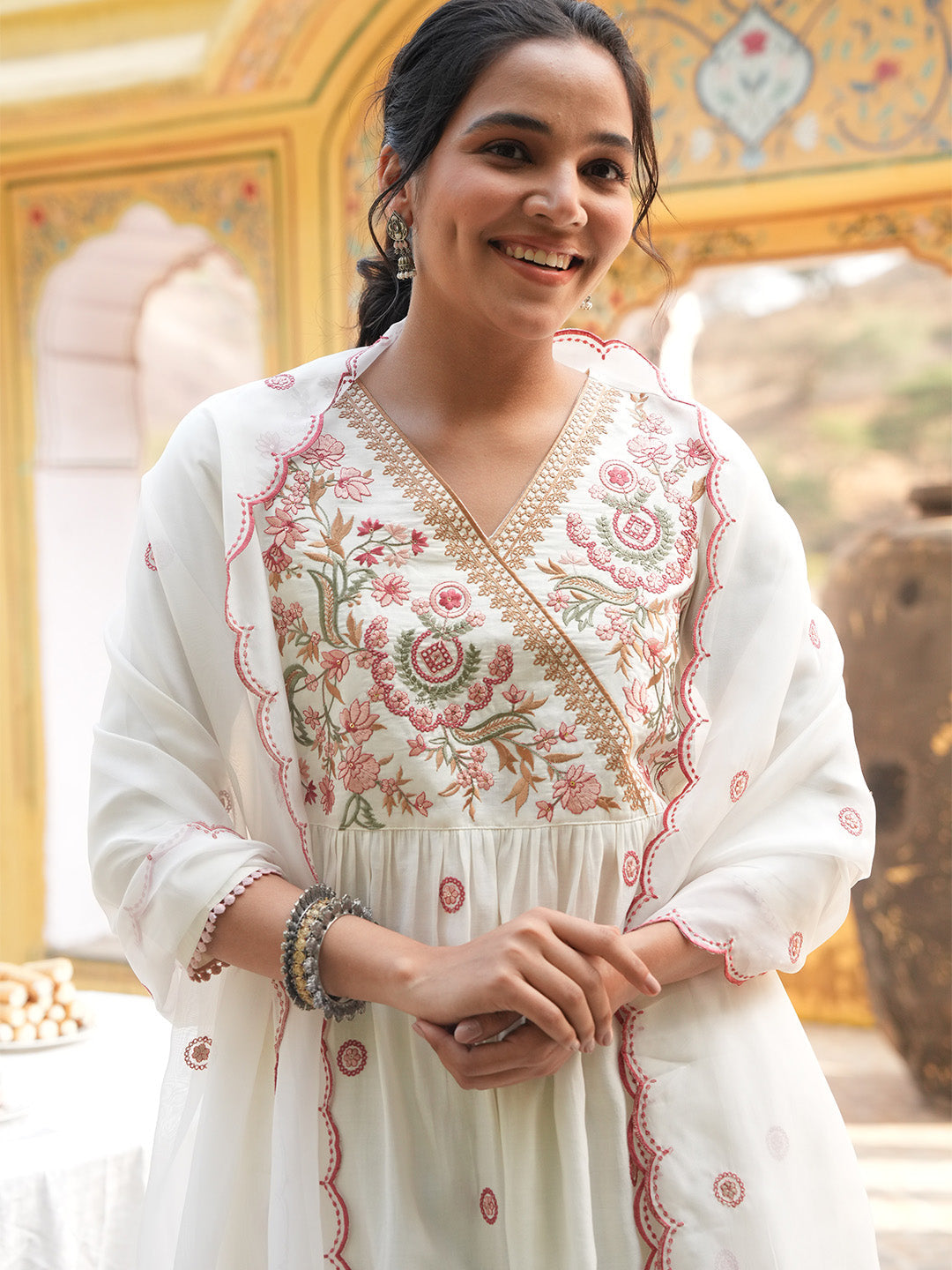 Janasya Off White A-Line Chanderi Kurta,Bottom & Dupatta | Grocsy