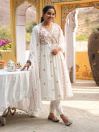 Janasya Off White A-Line Chanderi Kurta,Bottom & Dupatta | Grocsy