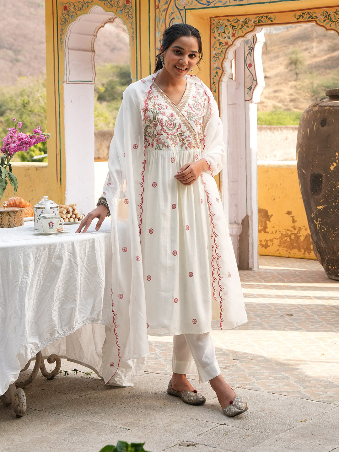 Janasya Off White A-Line Chanderi Kurta,Bottom & Dupatta | Grocsy