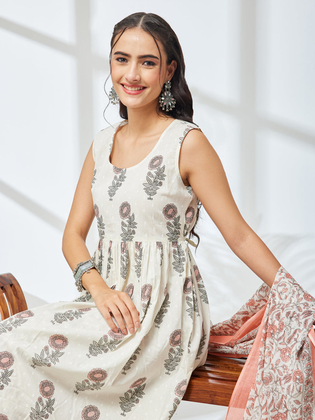Janasya Off White A-Line Cotton Kurta,Bottom & Dupatta | Grocsy