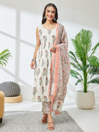 Janasya Off White A-Line Cotton Kurta,Bottom & Dupatta | Grocsy