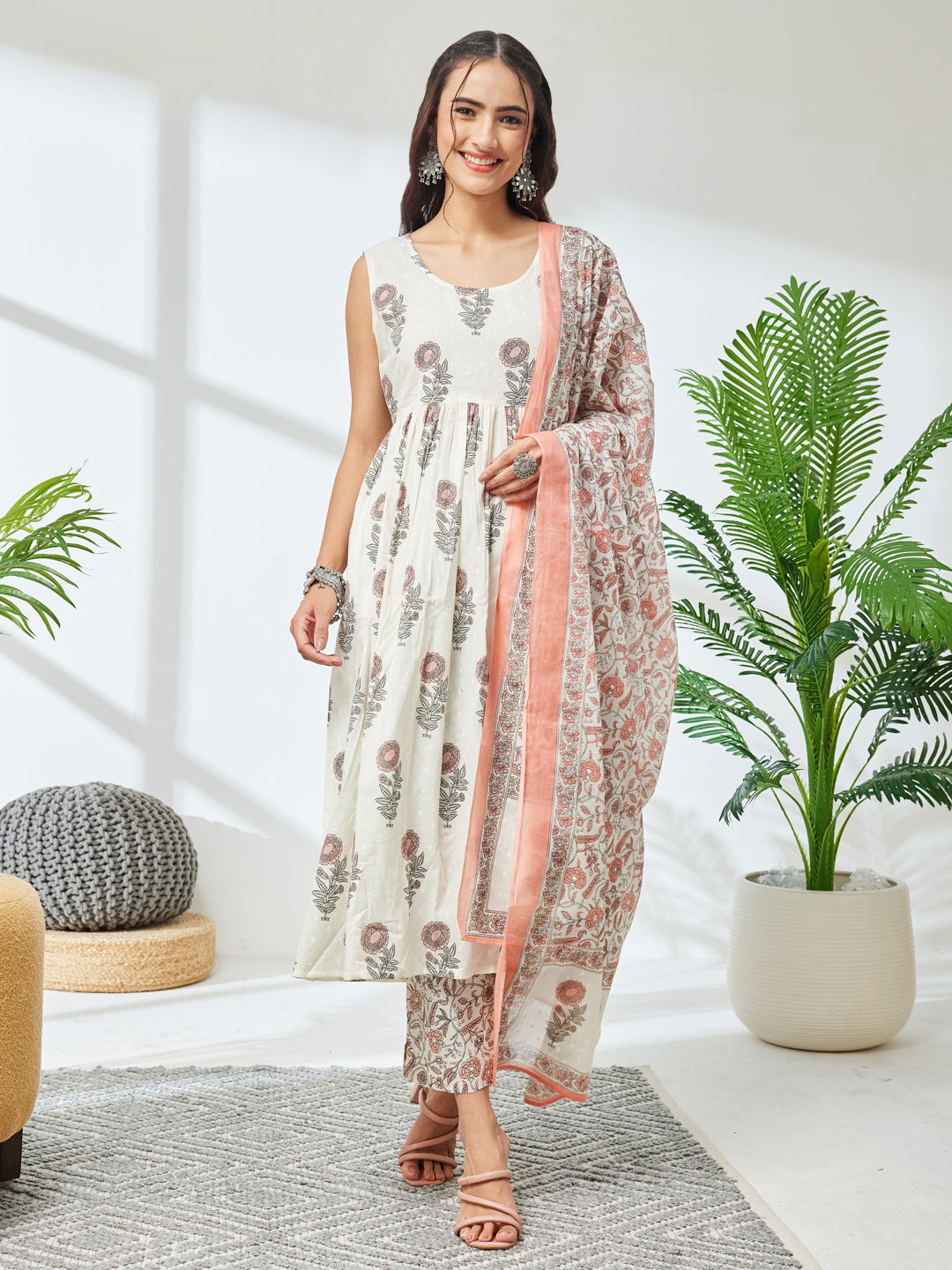 Janasya Off White A-Line Cotton Kurta,Bottom & Dupatta | Grocsy