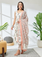 Janasya Off White A-Line Cotton Kurta,Bottom & Dupatta | Grocsy