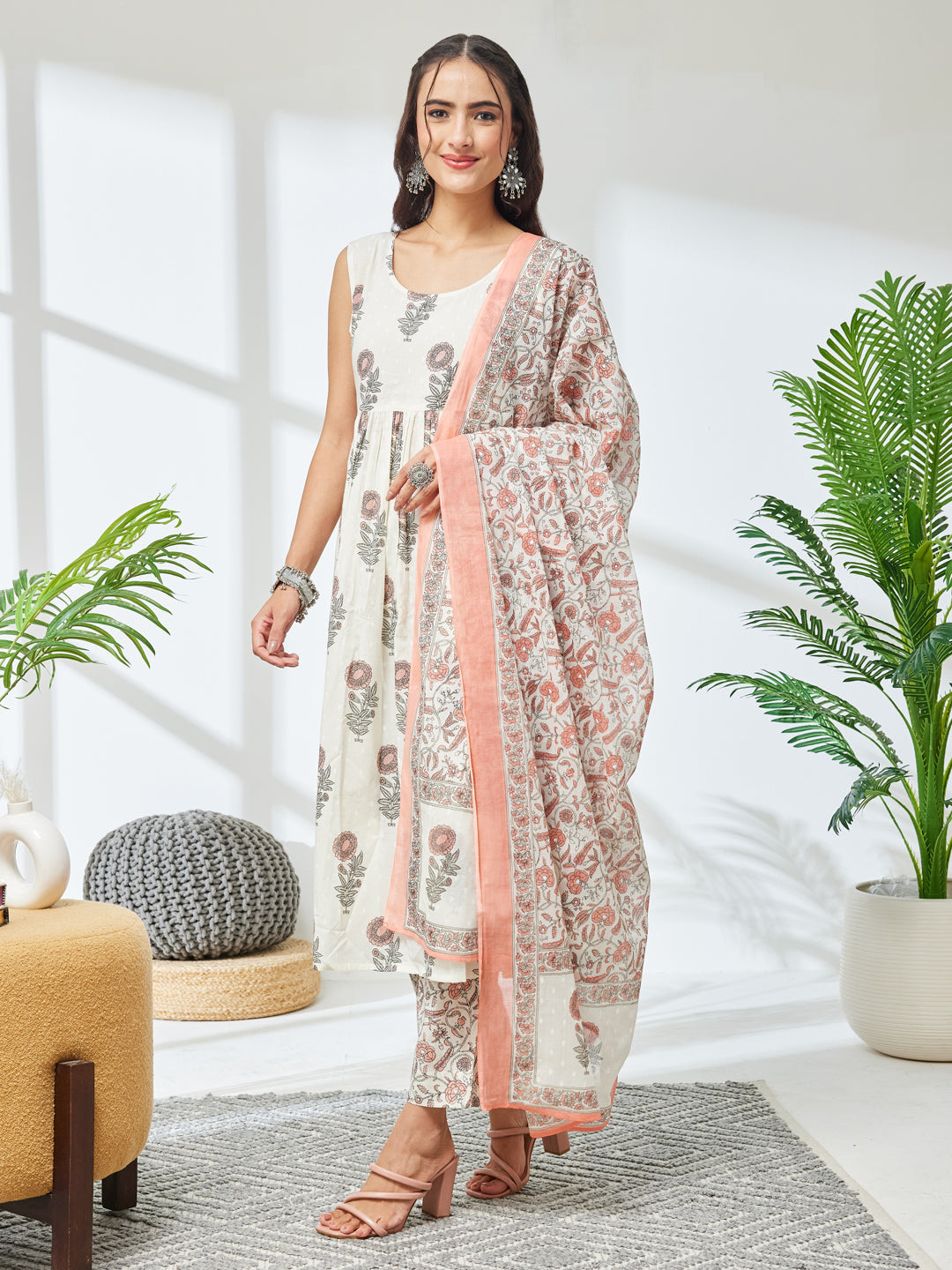 Janasya Off White A-Line Cotton Kurta,Bottom & Dupatta | Grocsy