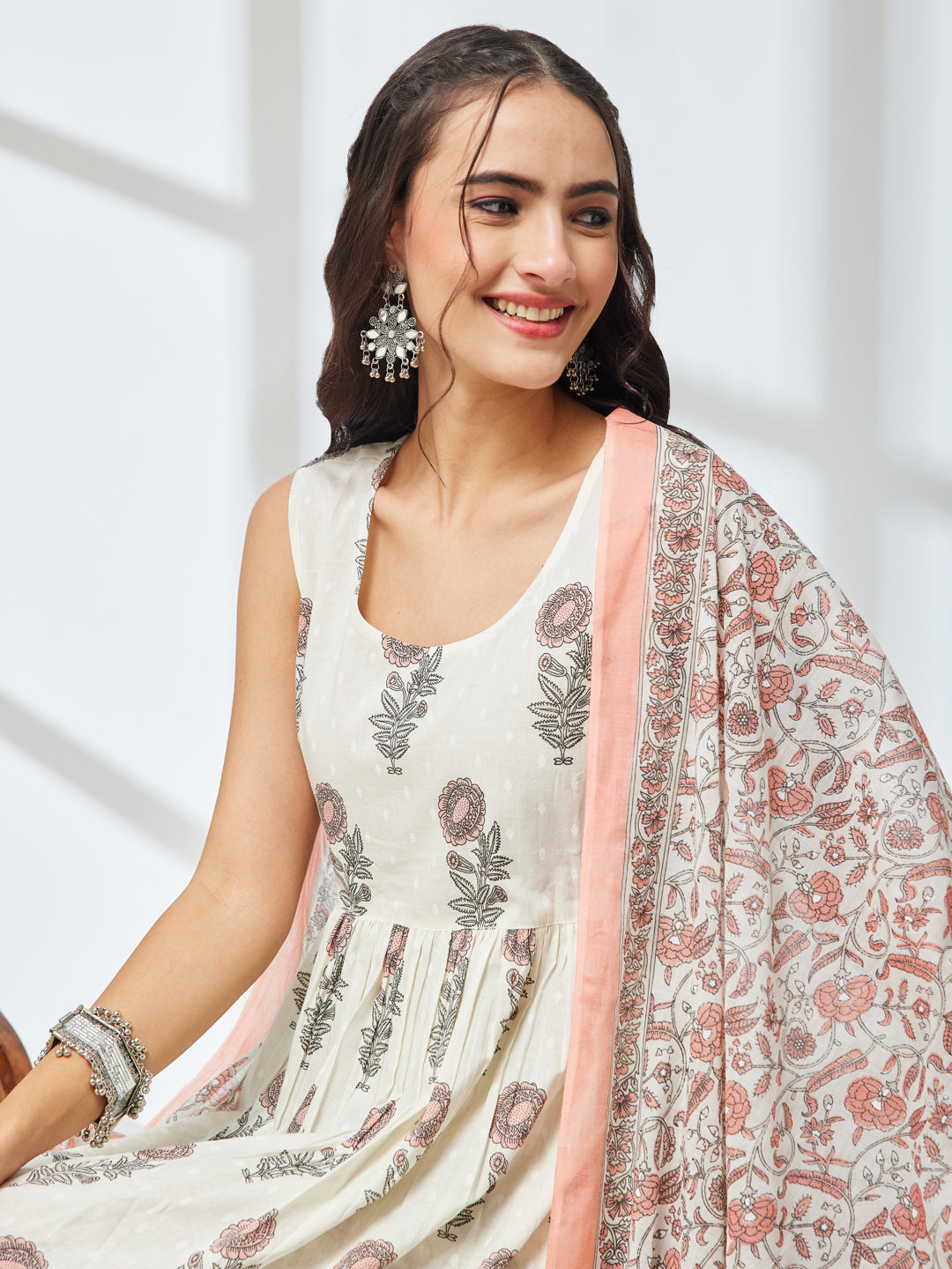 Janasya Off White A-Line Cotton Kurta,Bottom & Dupatta | Grocsy
