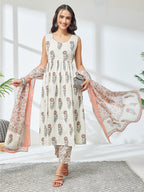 Janasya Off White A-Line Cotton Kurta,Bottom & Dupatta | Grocsy