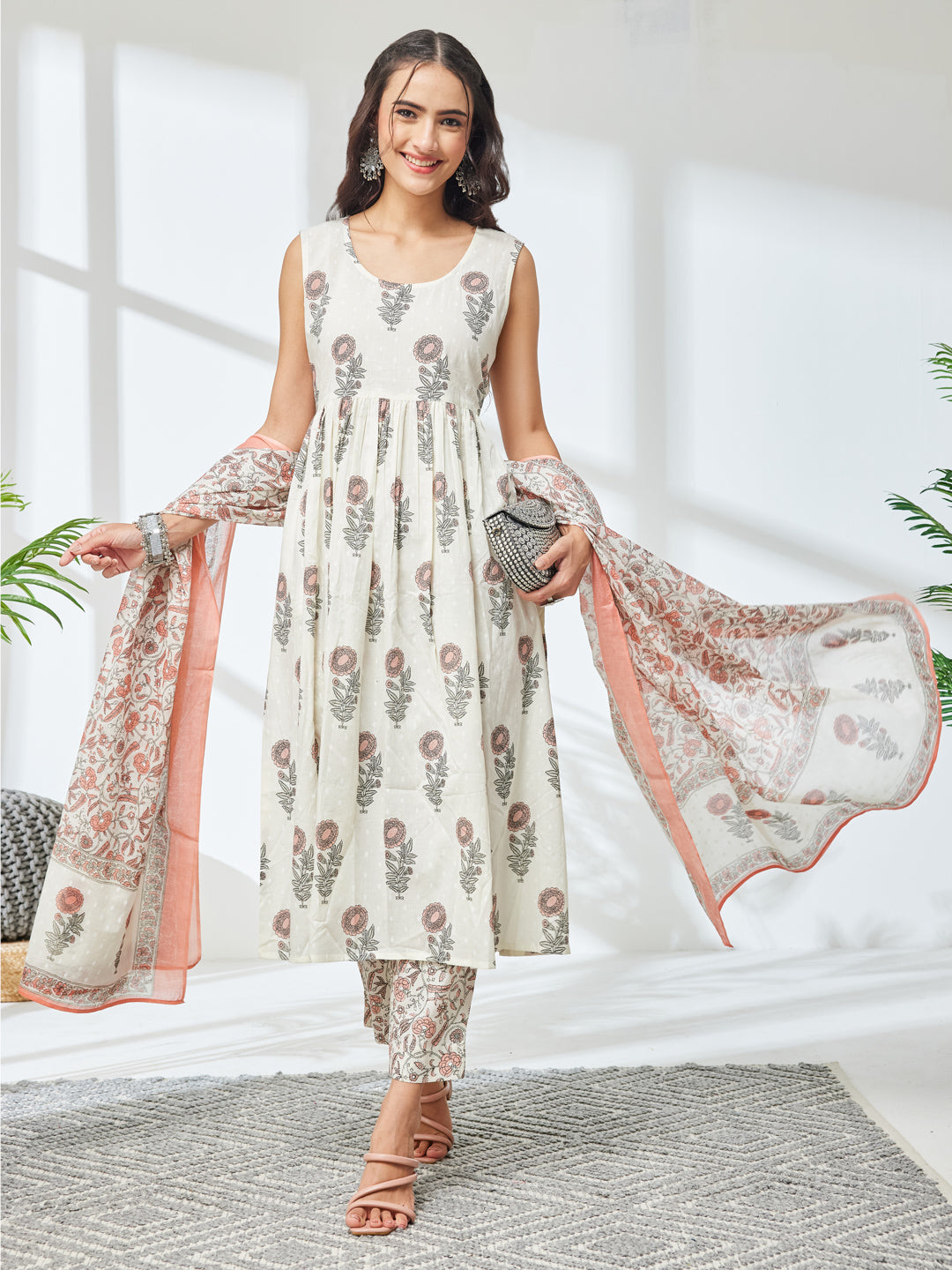 Janasya Off White A-Line Cotton Kurta,Bottom & Dupatta | Grocsy