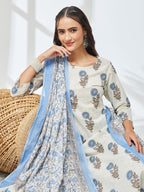 Janasya Off White Straight Cotton Kurta,Bottom & Dupatta | Grocsy