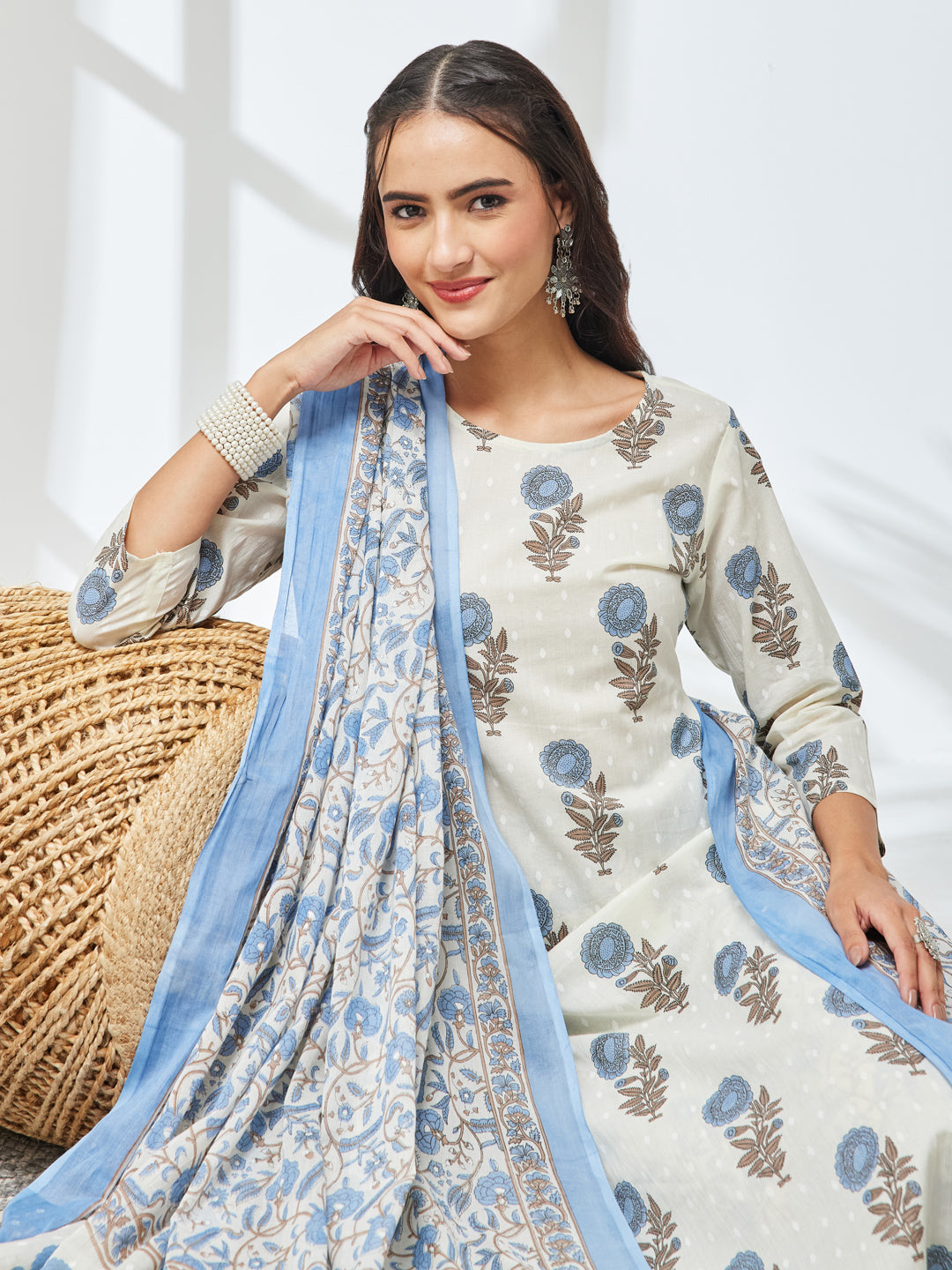 Janasya Off White Straight Cotton Kurta,Bottom & Dupatta | Grocsy