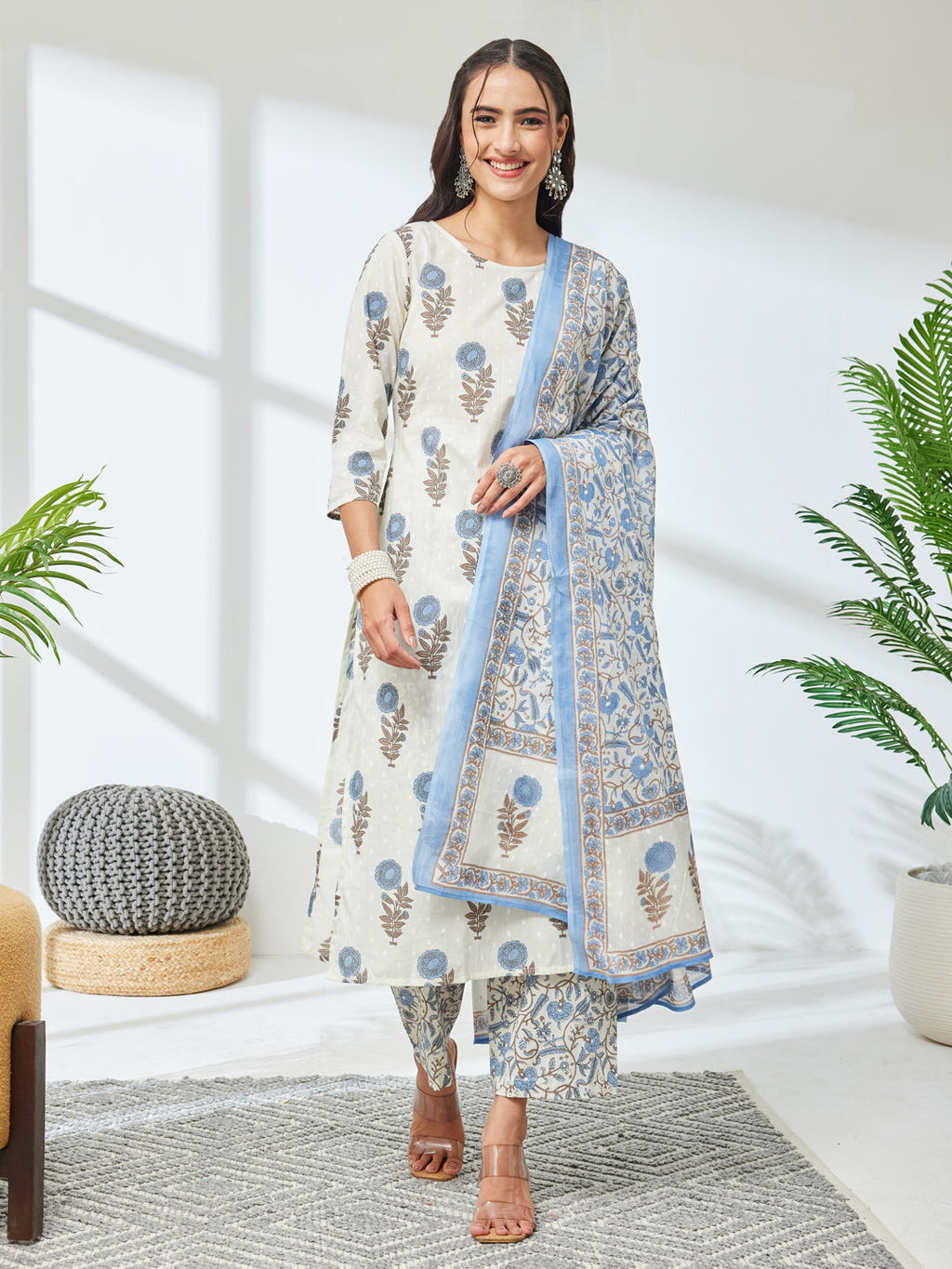 Janasya Off White Straight Cotton Kurta,Bottom & Dupatta | Grocsy