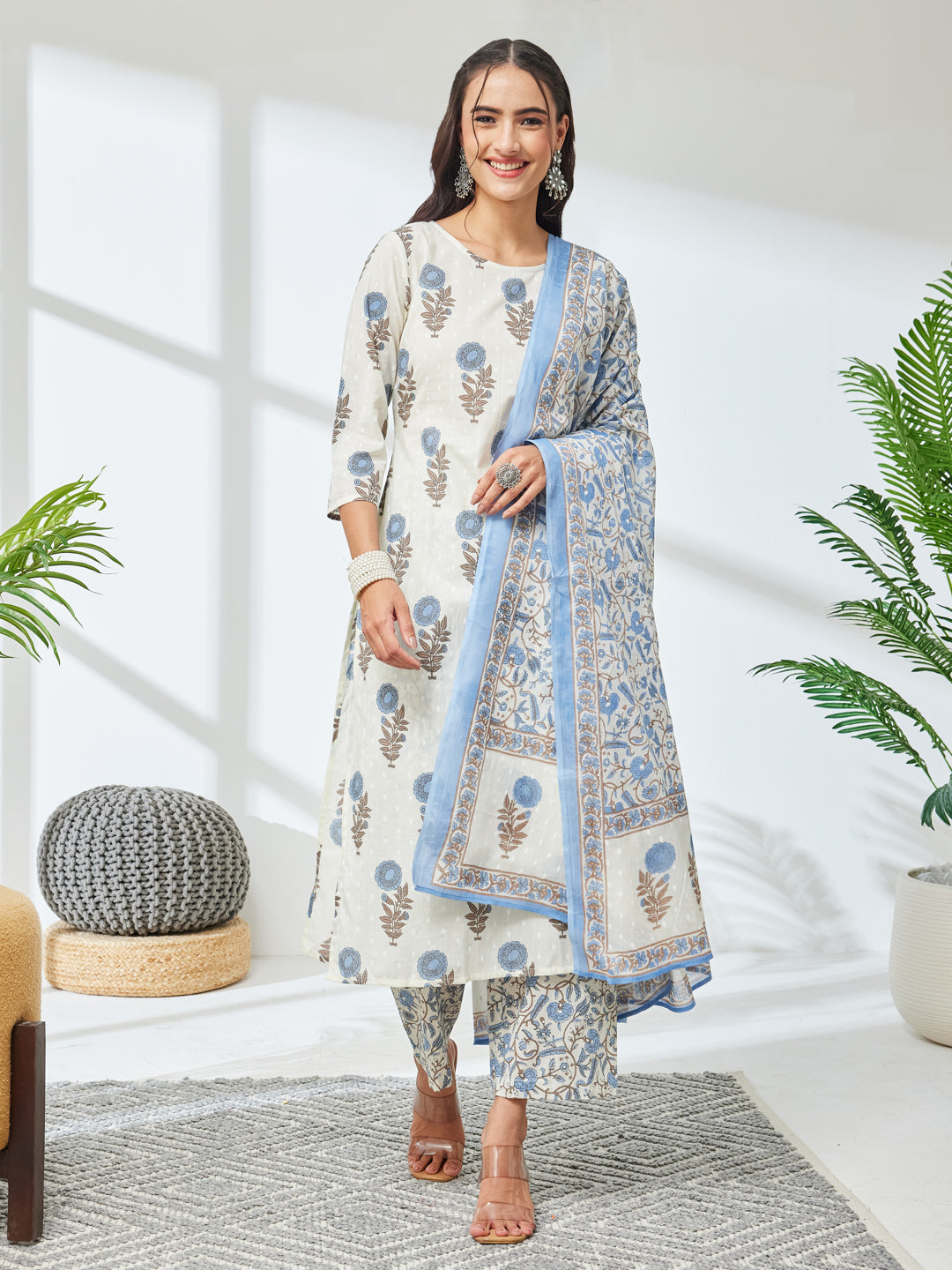 Janasya Off White Straight Cotton Kurta,Bottom & Dupatta | Grocsy