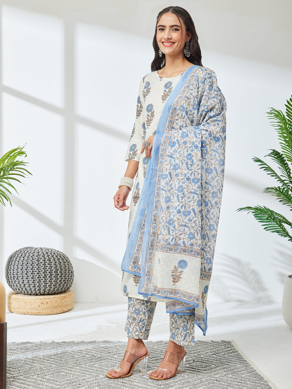 Janasya Off White Straight Cotton Kurta,Bottom & Dupatta | Grocsy