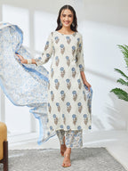 Janasya Off White Straight Cotton Kurta,Bottom & Dupatta | Grocsy