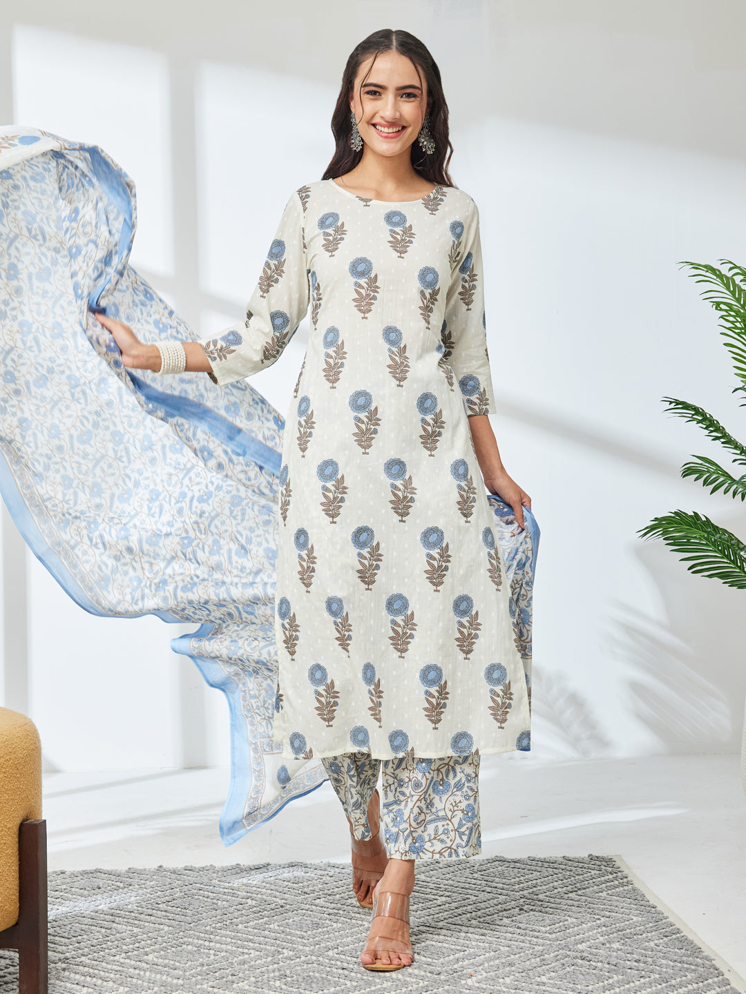Janasya Off White Straight Cotton Kurta,Bottom & Dupatta | Grocsy