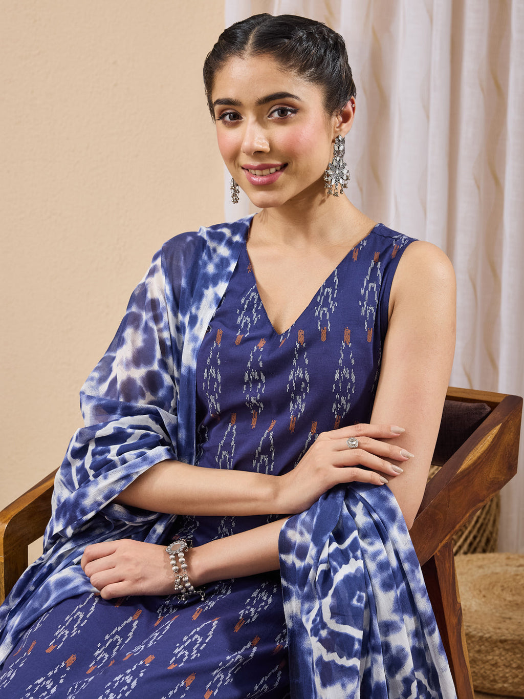Janasya Navy Blue Straight Cotton Kurta,Bottom & Dupatta | Grocsy