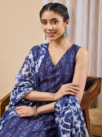 Janasya Navy Blue Straight Cotton Kurta,Bottom & Dupatta | Grocsy