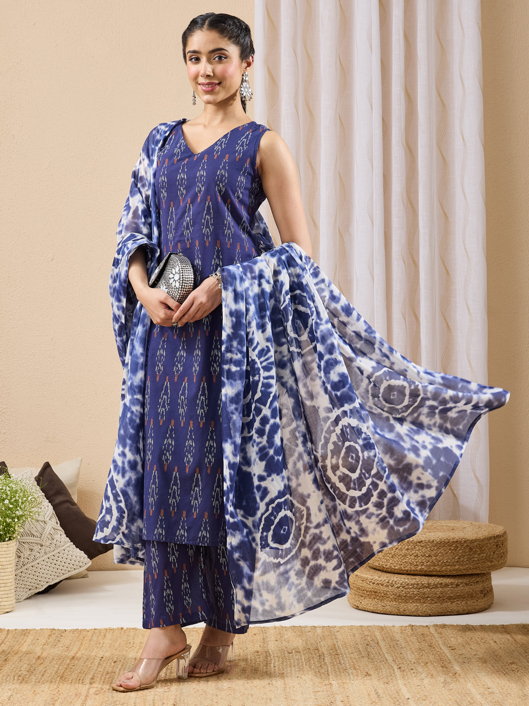 Janasya Navy Blue Straight Cotton Kurta,Bottom & Dupatta | Grocsy