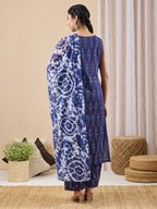 Janasya Navy Blue Straight Cotton Kurta,Bottom & Dupatta | Grocsy