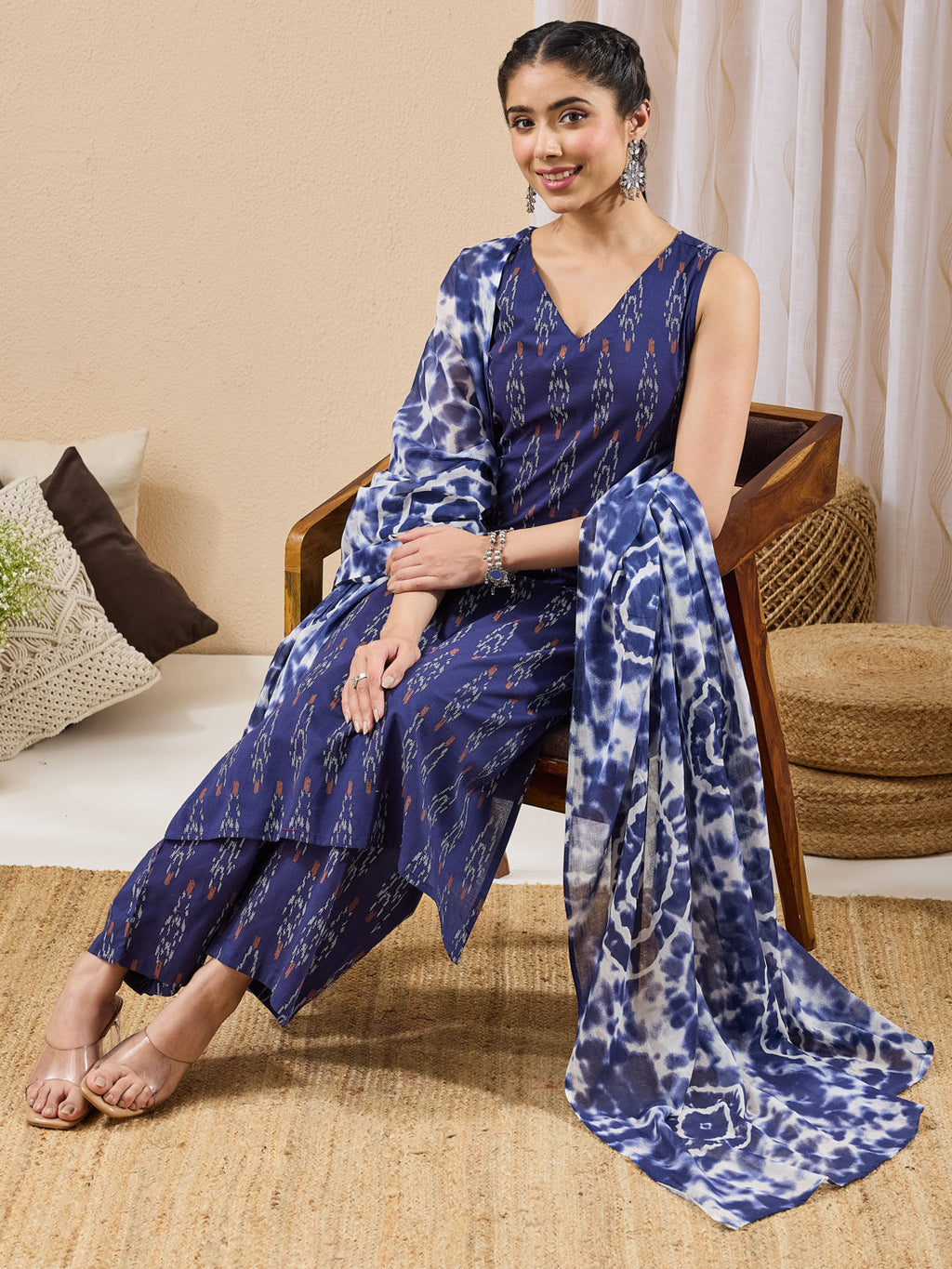 Janasya Navy Blue Straight Cotton Kurta,Bottom & Dupatta | Grocsy