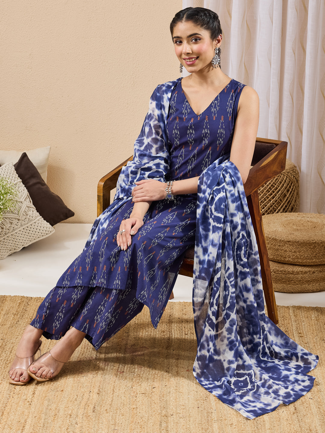 Janasya Navy Blue Straight Cotton Kurta,Bottom & Dupatta | Grocsy